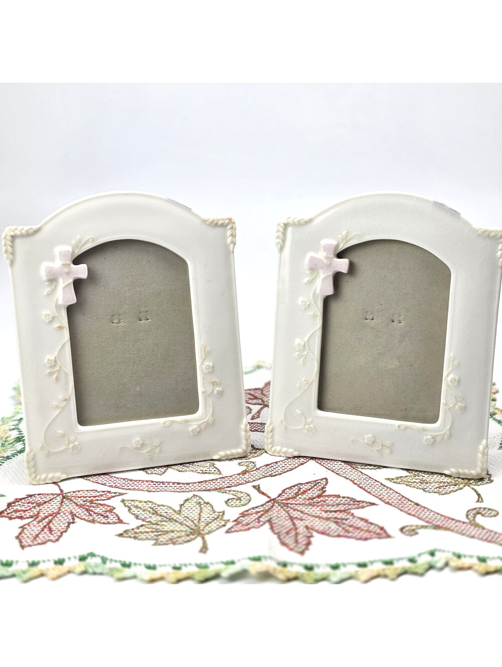 Ceramic Picture Frame with Cross 3 1/2×5 (Two) Frames Bundle Free Standing